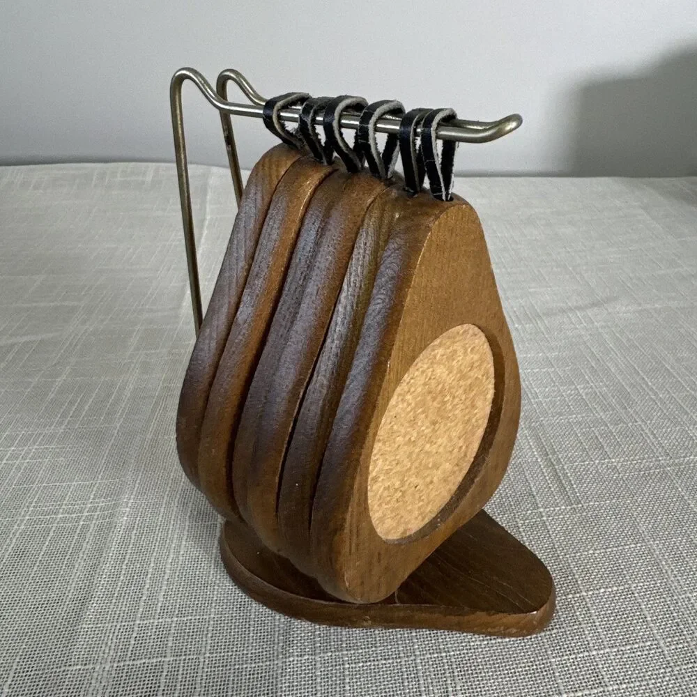 Vintage Wood Coasters Cork Center MCM Retro Pear Shaped Hanging Stand Set of 6
